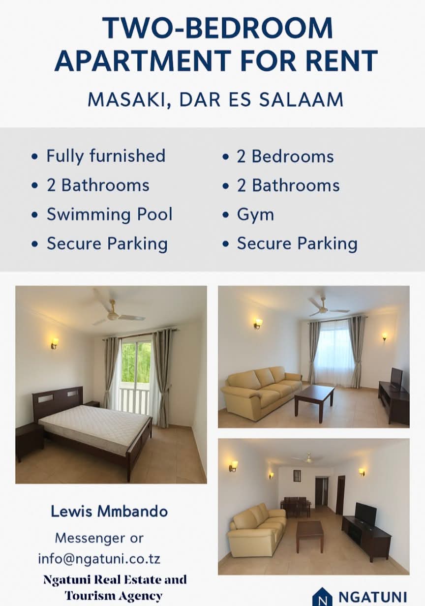 🏡 Two-Bedroom Full Furnished Two-Bedroom Apartment For Rent at Masaki, Dar Es Salaam Tanzania East Africa